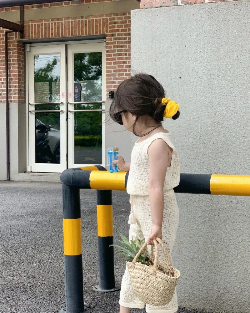 Girl's Clothing Sets 2024 Summer Korean Thin Knitted Girl Set Children Hollow Breathable Vest + Wide Leg Pants Two-piece Suit