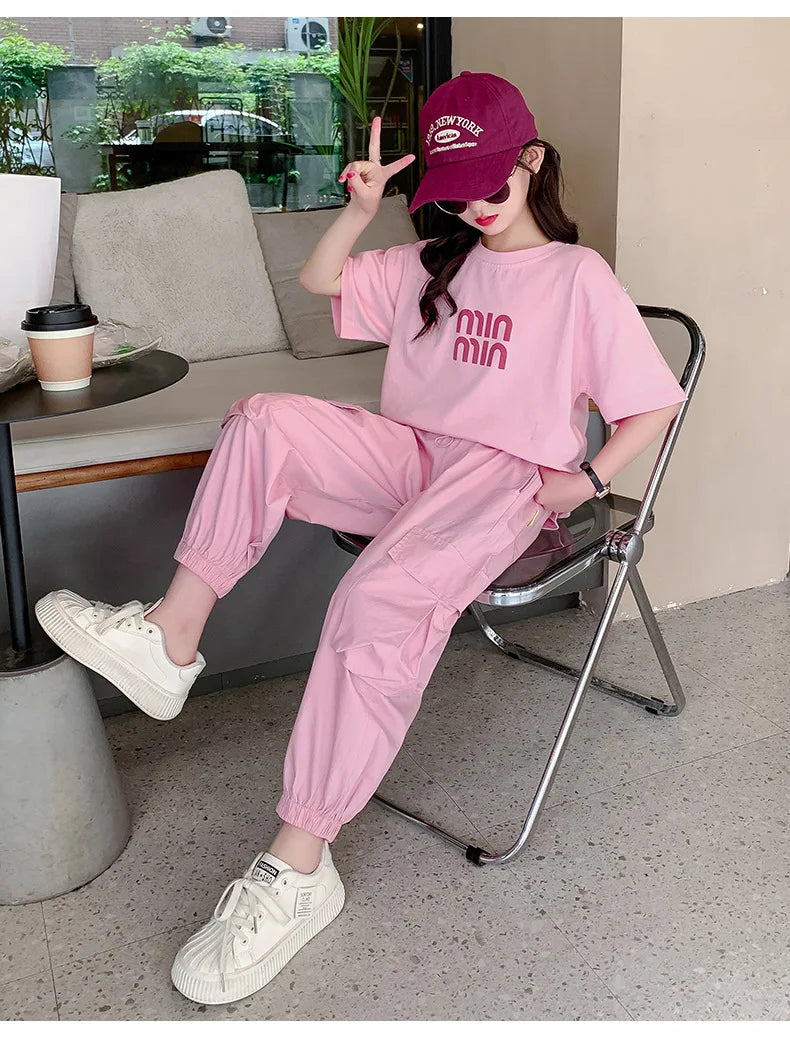 Summer Teen Girls Clothing Sets Children Fashion Korean Style Letter Tops + Pants 2Pcs Outfits Kids Tracksuit 5 6 8 10 12 14 Yrs