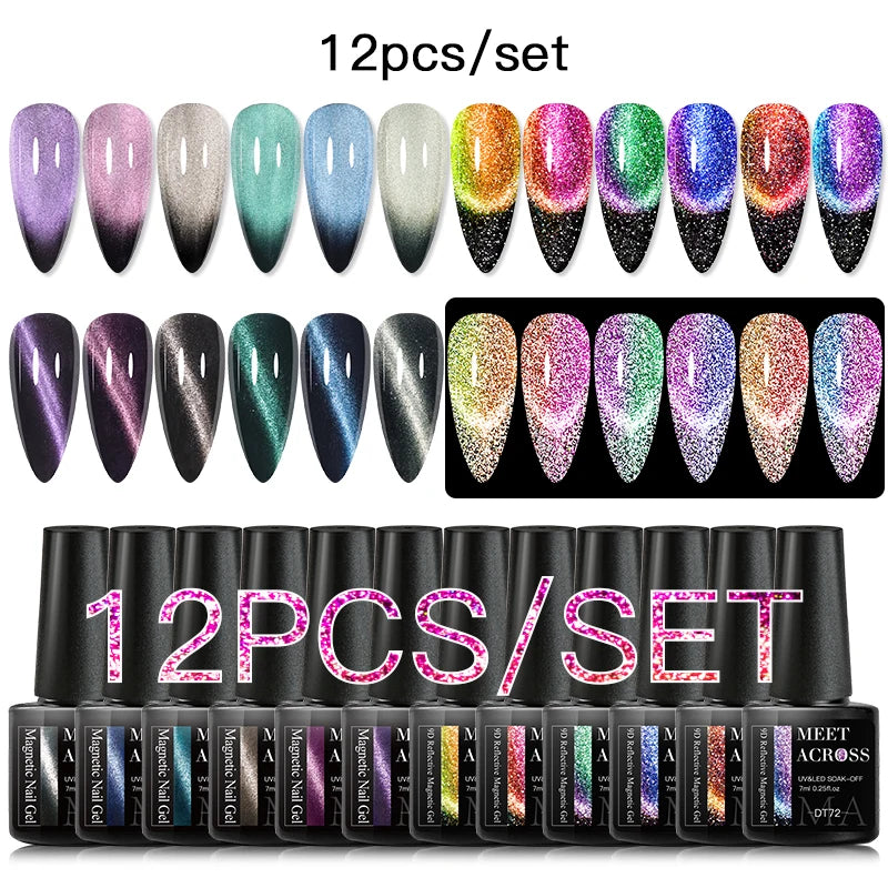 MEET ACROSS 12PCS/Set Pink Glitter Gel Nail Polish Macaron Blue Semi Permanent Nail Art Gel Varnish Spring Summer Manicure Kits