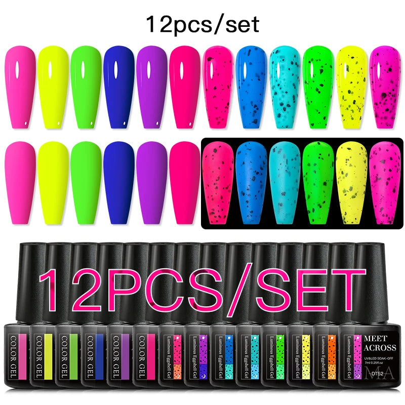 MEET ACROSS 12PCS/Set Pink Glitter Gel Nail Polish Macaron Blue Semi Permanent Nail Art Gel Varnish Spring Summer Manicure Kits