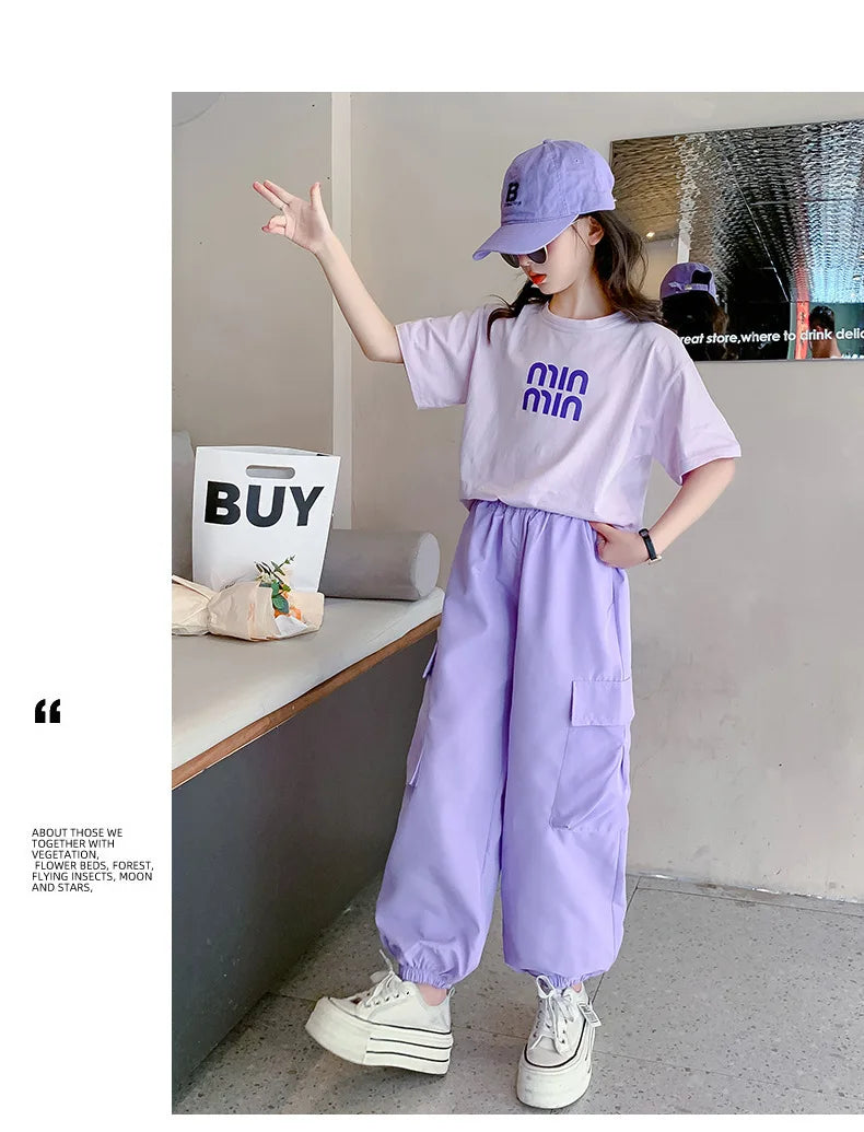 Summer Teen Girls Clothing Sets Children Fashion Korean Style Letter Tops + Pants 2Pcs Outfits Kids Tracksuit 5 6 8 10 12 14 Yrs