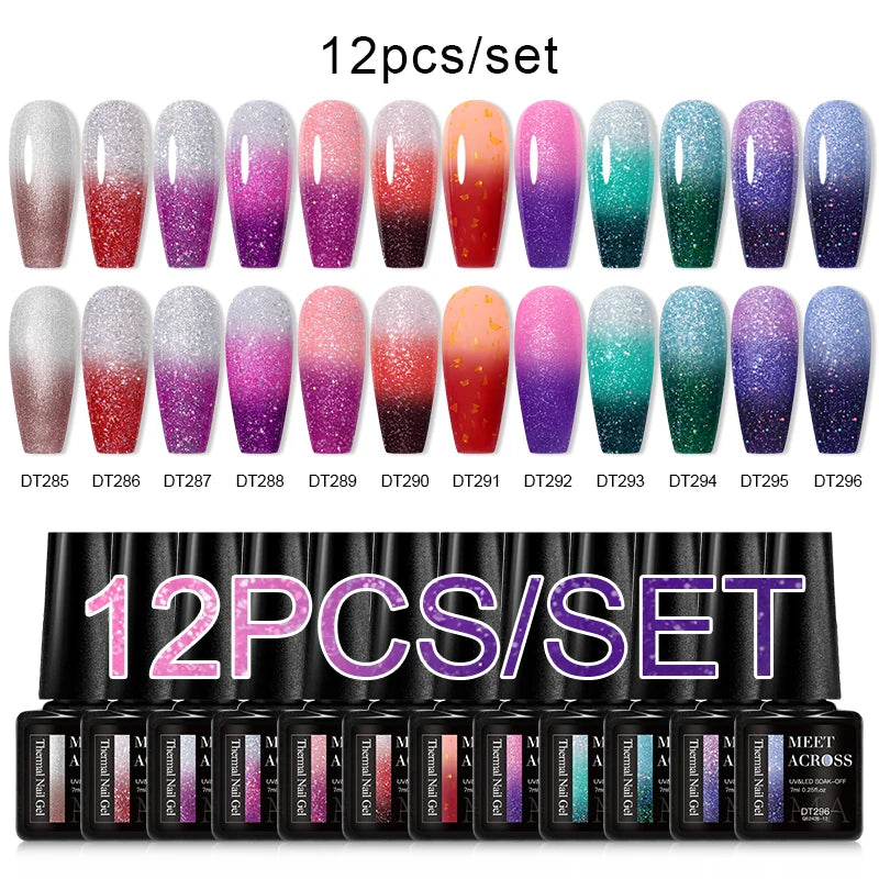 MEET ACROSS 12PCS/Set Pink Glitter Gel Nail Polish Macaron Blue Semi Permanent Nail Art Gel Varnish Spring Summer Manicure Kits