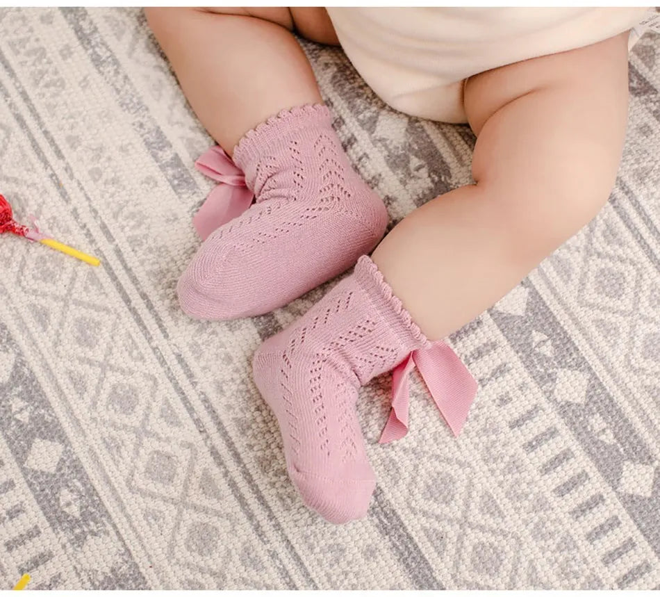 Children's Spring/Summer Thin Breathable Bow Children Girl Short Socks Hollow Out Toddlers Kids Cotton Princess Cute Socks