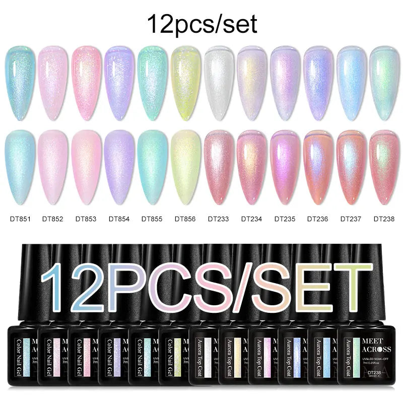 MEET ACROSS 12PCS/Set Pink Glitter Gel Nail Polish Macaron Blue Semi Permanent Nail Art Gel Varnish Spring Summer Manicure Kits