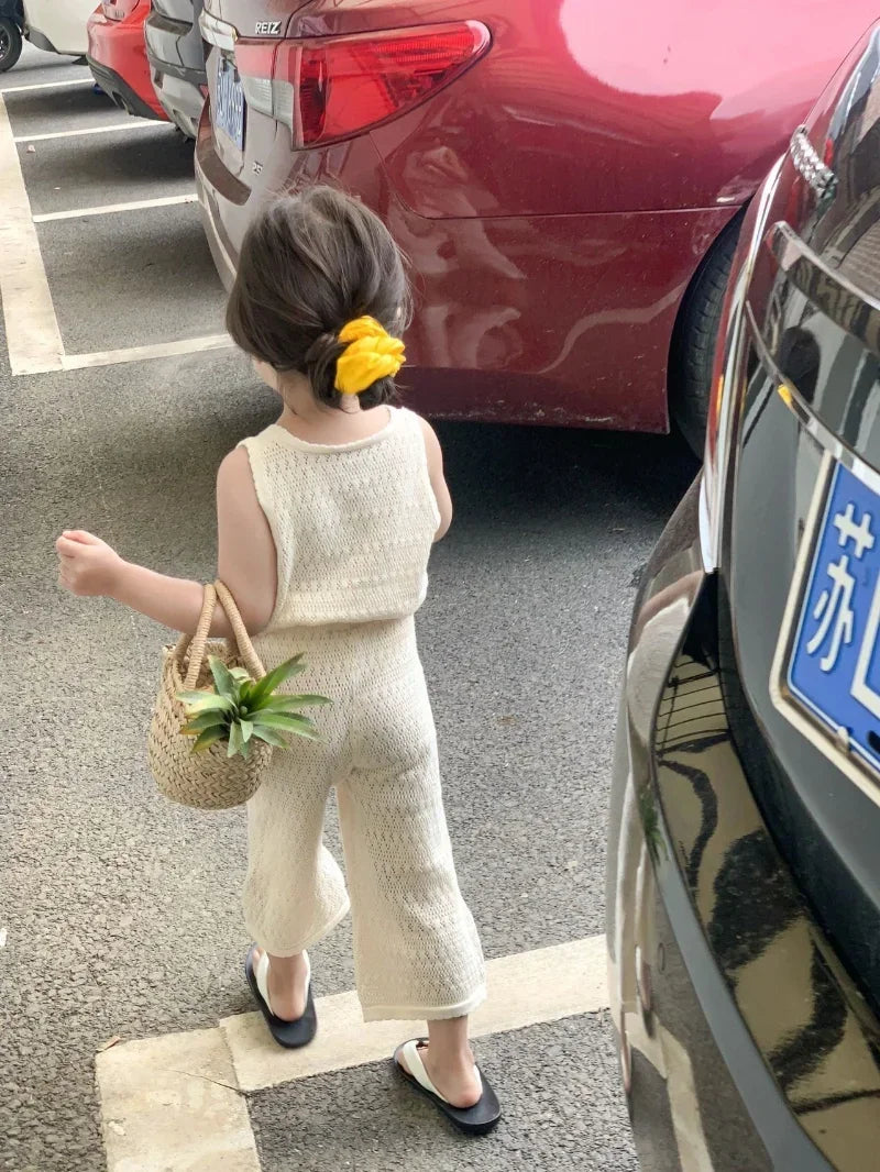 Girl's Clothing Sets 2024 Summer Korean Thin Knitted Girl Set Children Hollow Breathable Vest + Wide Leg Pants Two-piece Suit