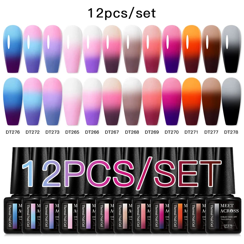 MEET ACROSS 12PCS/Set Pink Glitter Gel Nail Polish Macaron Blue Semi Permanent Nail Art Gel Varnish Spring Summer Manicure Kits