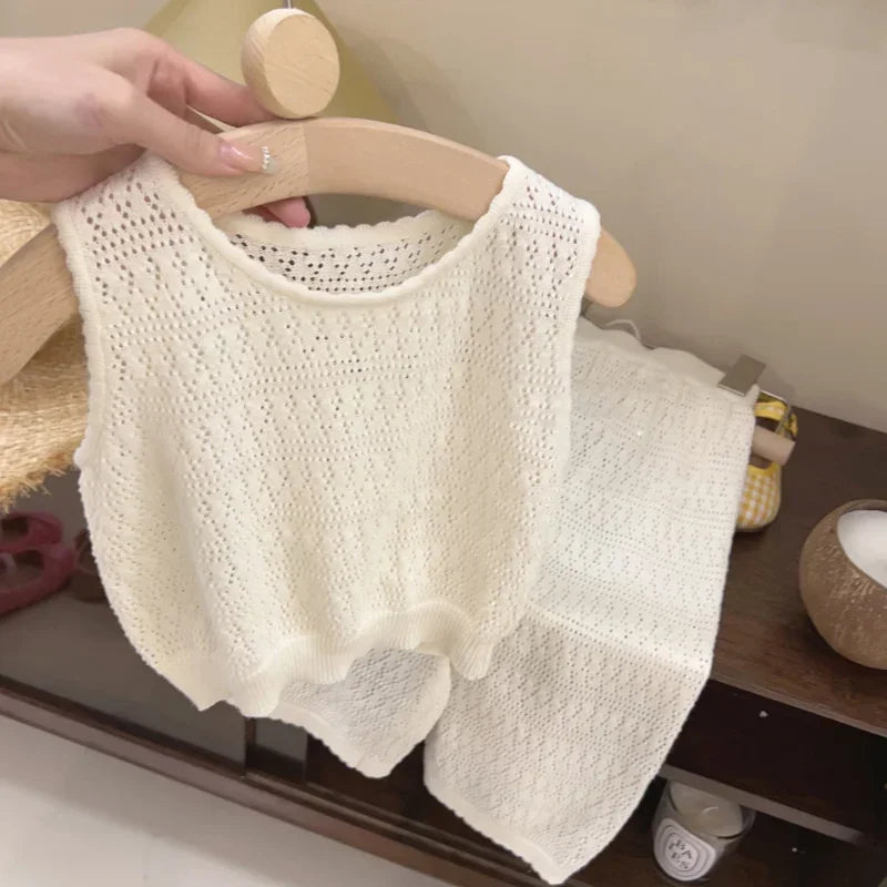 Girl's Clothing Sets 2024 Summer Korean Thin Knitted Girl Set Children Hollow Breathable Vest + Wide Leg Pants Two-piece Suit