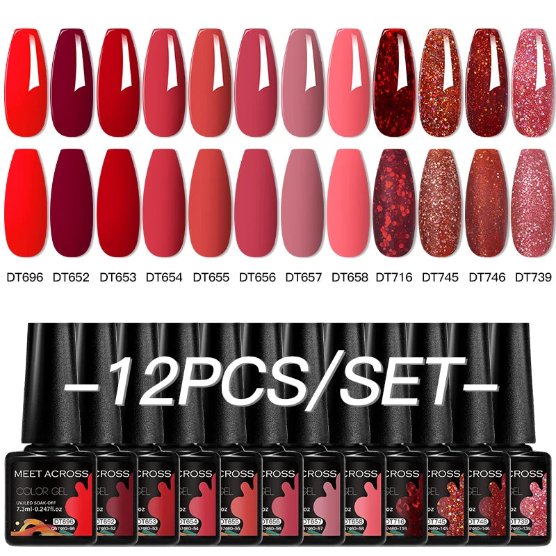 MEET ACROSS 12PCS/Set Pink Glitter Gel Nail Polish Macaron Blue Semi Permanent Nail Art Gel Varnish Spring Summer Manicure Kits