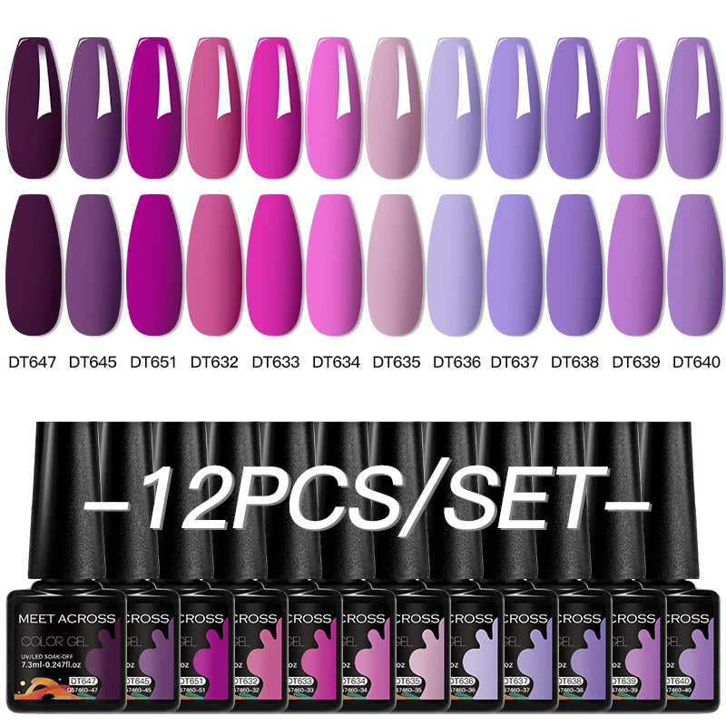 MEET ACROSS 12PCS/Set Pink Glitter Gel Nail Polish Macaron Blue Semi Permanent Nail Art Gel Varnish Spring Summer Manicure Kits