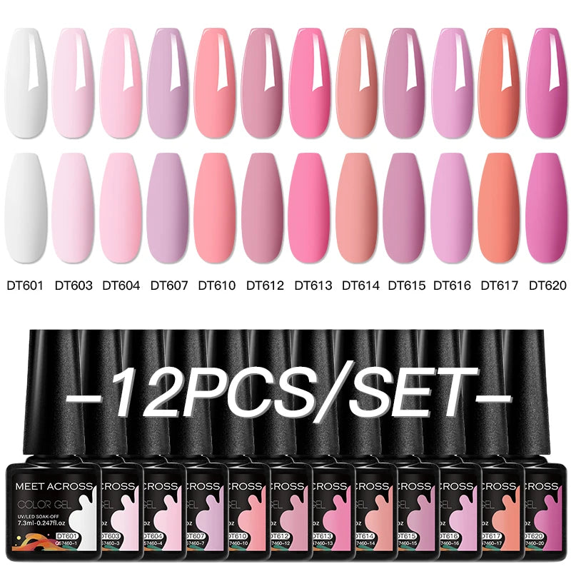 MEET ACROSS 12PCS/Set Pink Glitter Gel Nail Polish Macaron Blue Semi Permanent Nail Art Gel Varnish Spring Summer Manicure Kits