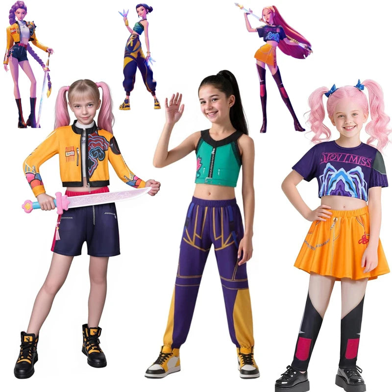 KPOP Demon Mira Huntrix Hunters Kids Clothes Girls Rumi Zoey Mira Cosplay Clothes Elegant Dress Anime Outfit Full Set Halloween