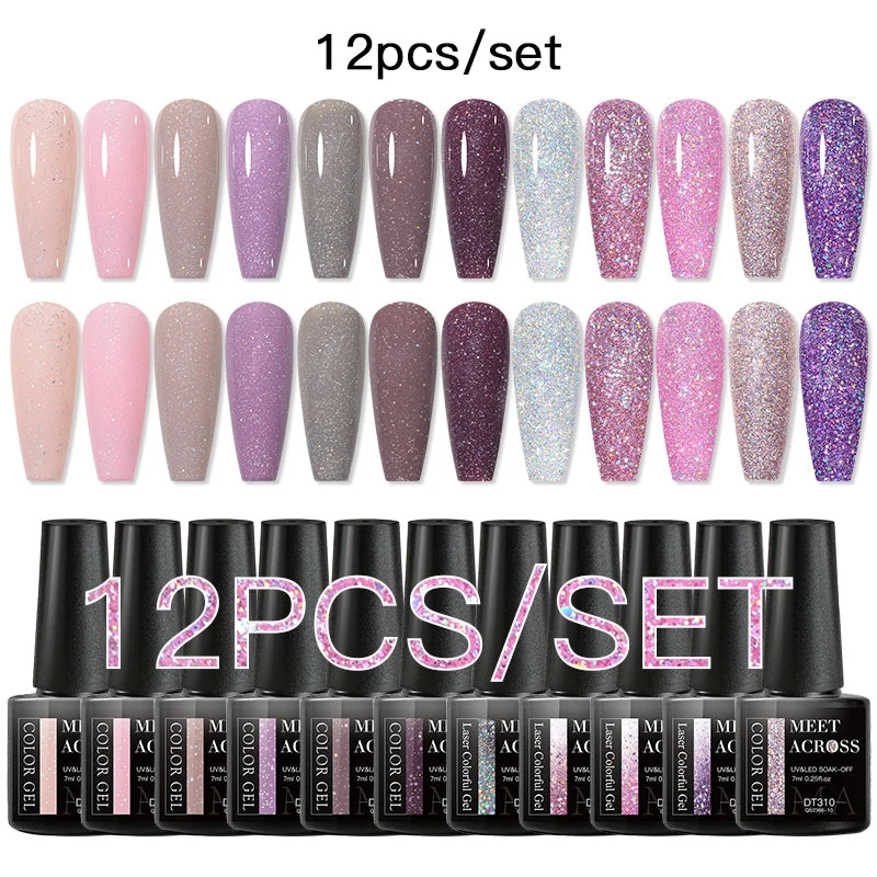 MEET ACROSS 12PCS/Set Pink Glitter Gel Nail Polish Macaron Blue Semi Permanent Nail Art Gel Varnish Spring Summer Manicure Kits