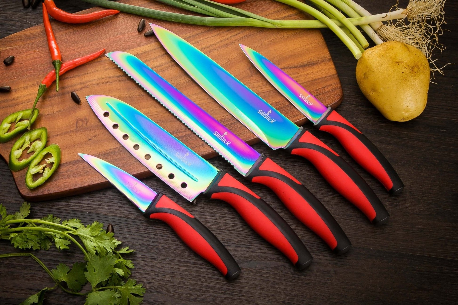 Kitchen Knife Set Kit | Red Handle & Black Magnetic Rack - Transpire