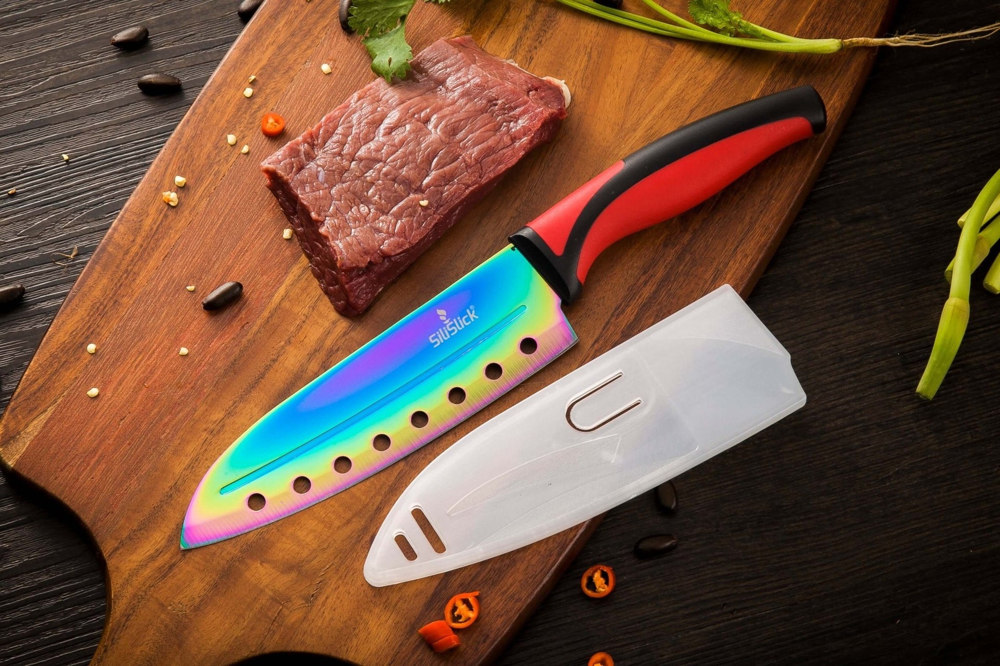 Kitchen Knife Set Kit | Red Handle & Black Magnetic Rack - Transpire