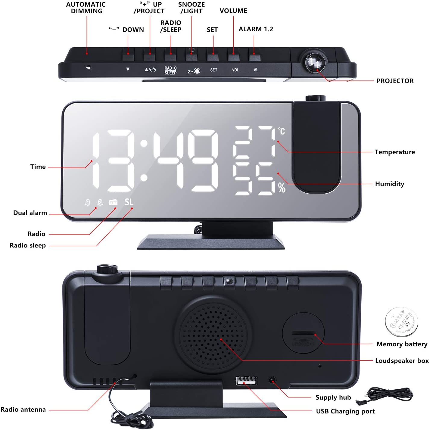 LED Projection Digital Alarm Clock Phone Charger - Transpire