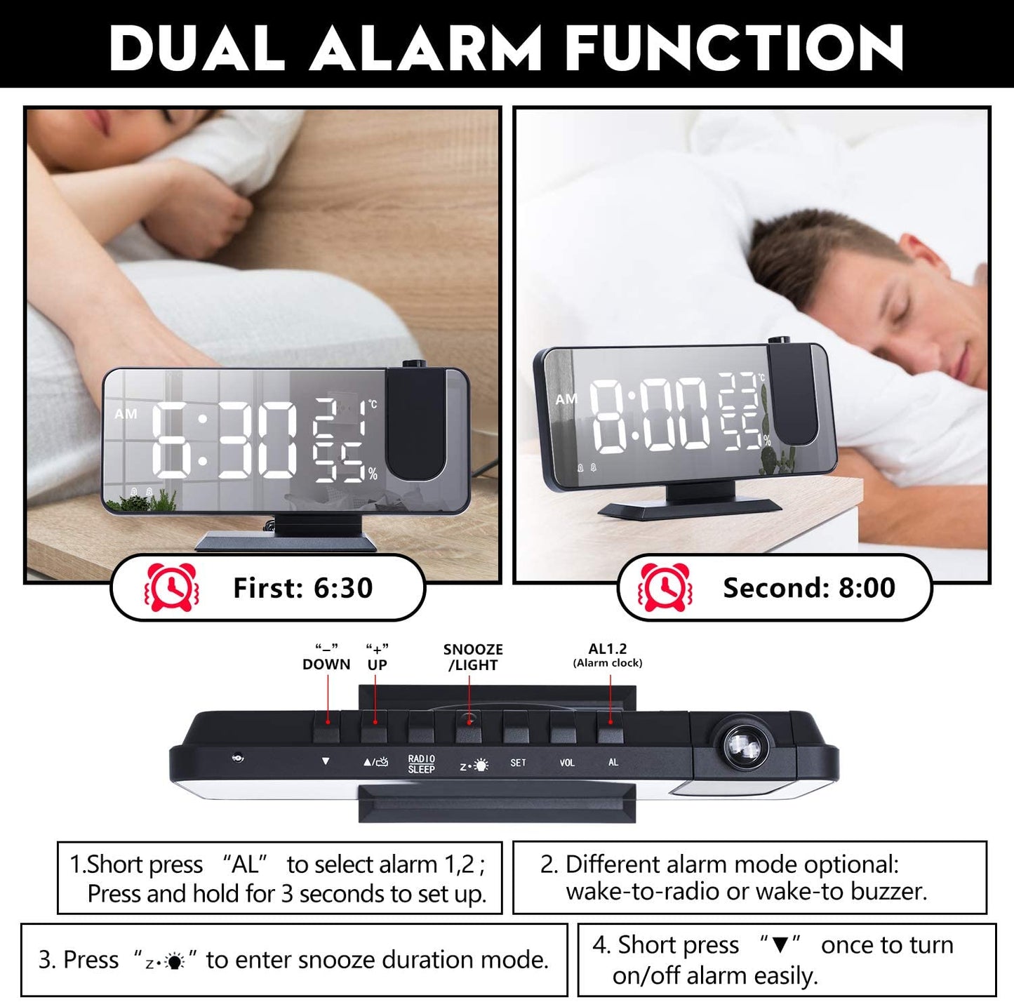 LED Projection Digital Alarm Clock Phone Charger - Transpire