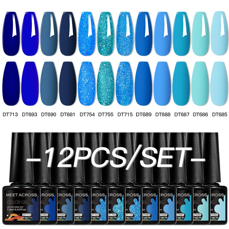 MEET ACROSS 12PCS/Set Pink Glitter Gel Nail Polish Macaron Blue Semi Permanent Nail Art Gel Varnish Spring Summer Manicure Kits