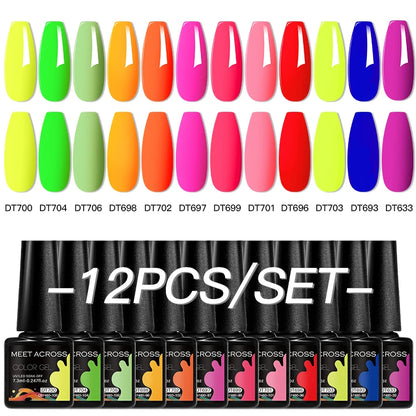MEET ACROSS 12PCS/Set Pink Glitter Gel Nail Polish Macaron Blue Semi Permanent Nail Art Gel Varnish Spring Summer Manicure Kits