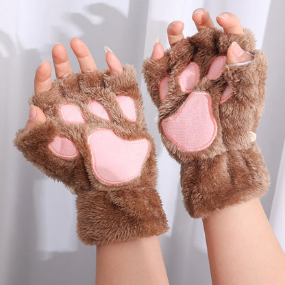Cartoon Cute Cat Claw Paw Gloves Women Plush Mittens Warm Soft Plush Short Fingerless Fluffy Bear Cat Gloves Costume Half Finger
