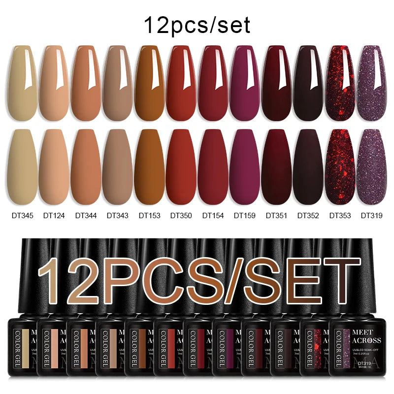 MEET ACROSS 12PCS/Set Pink Glitter Gel Nail Polish Macaron Blue Semi Permanent Nail Art Gel Varnish Spring Summer Manicure Kits