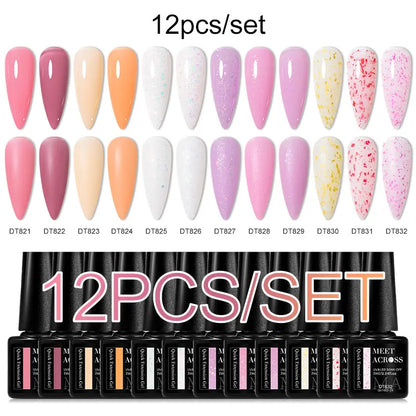 MEET ACROSS 12PCS/Set Pink Glitter Gel Nail Polish Macaron Blue Semi Permanent Nail Art Gel Varnish Spring Summer Manicure Kits