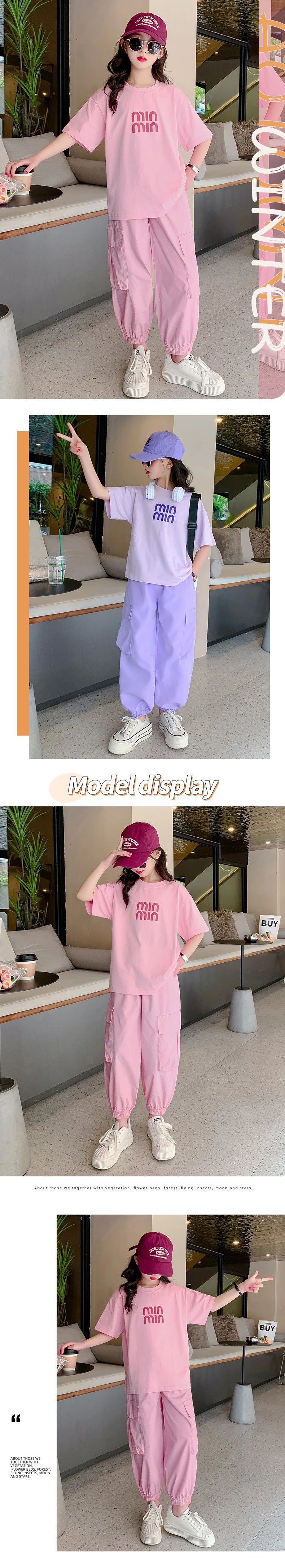 Summer Teen Girls Clothing Sets Children Fashion Korean Style Letter Tops + Pants 2Pcs Outfits Kids Tracksuit 5 6 8 10 12 14 Yrs