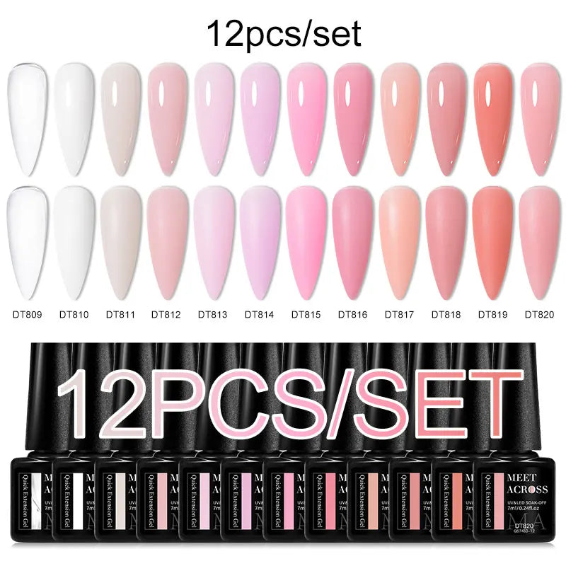 MEET ACROSS 12PCS/Set Pink Glitter Gel Nail Polish Macaron Blue Semi Permanent Nail Art Gel Varnish Spring Summer Manicure Kits