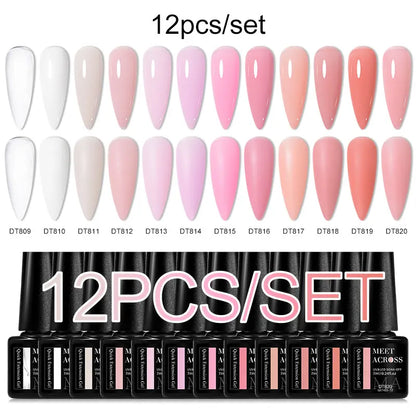 MEET ACROSS 12PCS/Set Pink Glitter Gel Nail Polish Macaron Blue Semi Permanent Nail Art Gel Varnish Spring Summer Manicure Kits