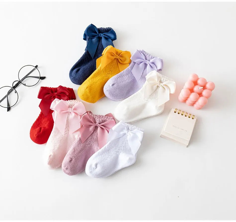 Children's Spring/Summer Thin Breathable Bow Children Girl Short Socks Hollow Out Toddlers Kids Cotton Princess Cute Socks