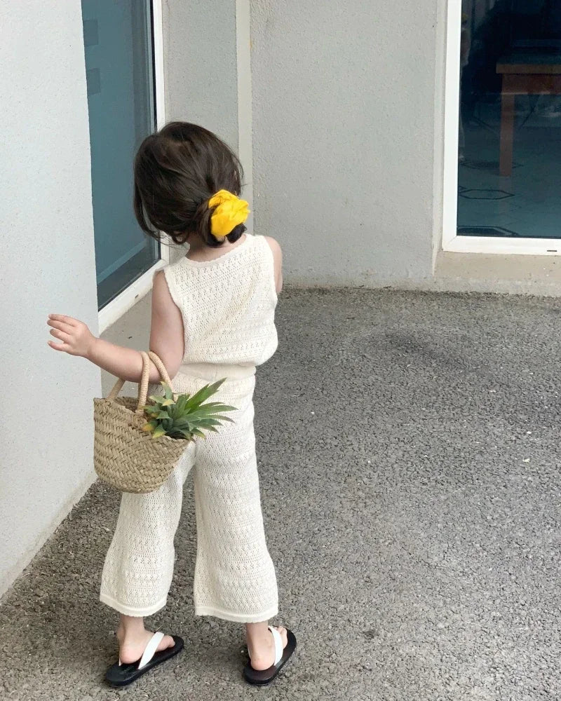 Girl's Clothing Sets 2024 Summer Korean Thin Knitted Girl Set Children Hollow Breathable Vest + Wide Leg Pants Two-piece Suit