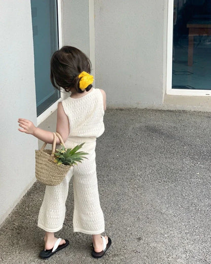 Girl's Clothing Sets 2024 Summer Korean Thin Knitted Girl Set Children Hollow Breathable Vest + Wide Leg Pants Two-piece Suit