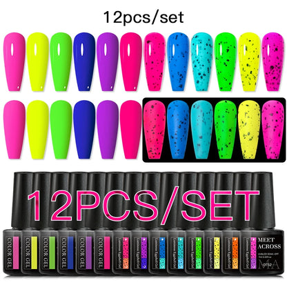 MEET ACROSS 12PCS/Set Pink Glitter Gel Nail Polish Macaron Blue Semi Permanent Nail Art Gel Varnish Spring Summer Manicure Kits