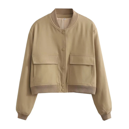 TRZA Women Fashion With Pockets Bomber Jacket Coats Vintage Long Sleeve Front Button Casual Female Outerwear Chic Tops