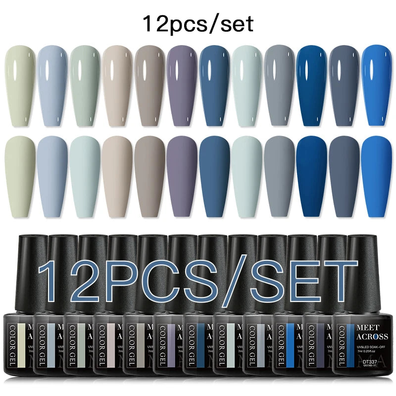MEET ACROSS 12PCS/Set Pink Glitter Gel Nail Polish Macaron Blue Semi Permanent Nail Art Gel Varnish Spring Summer Manicure Kits