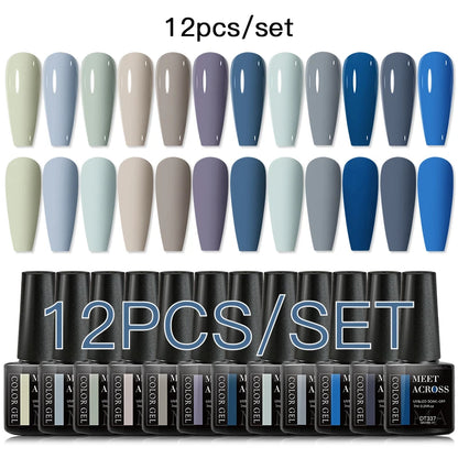 MEET ACROSS 12PCS/Set Pink Glitter Gel Nail Polish Macaron Blue Semi Permanent Nail Art Gel Varnish Spring Summer Manicure Kits