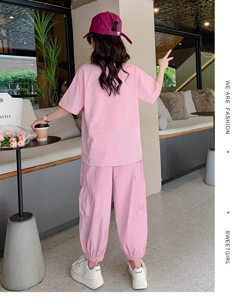 Summer Teen Girls Clothing Sets Children Fashion Korean Style Letter Tops + Pants 2Pcs Outfits Kids Tracksuit 5 6 8 10 12 14 Yrs