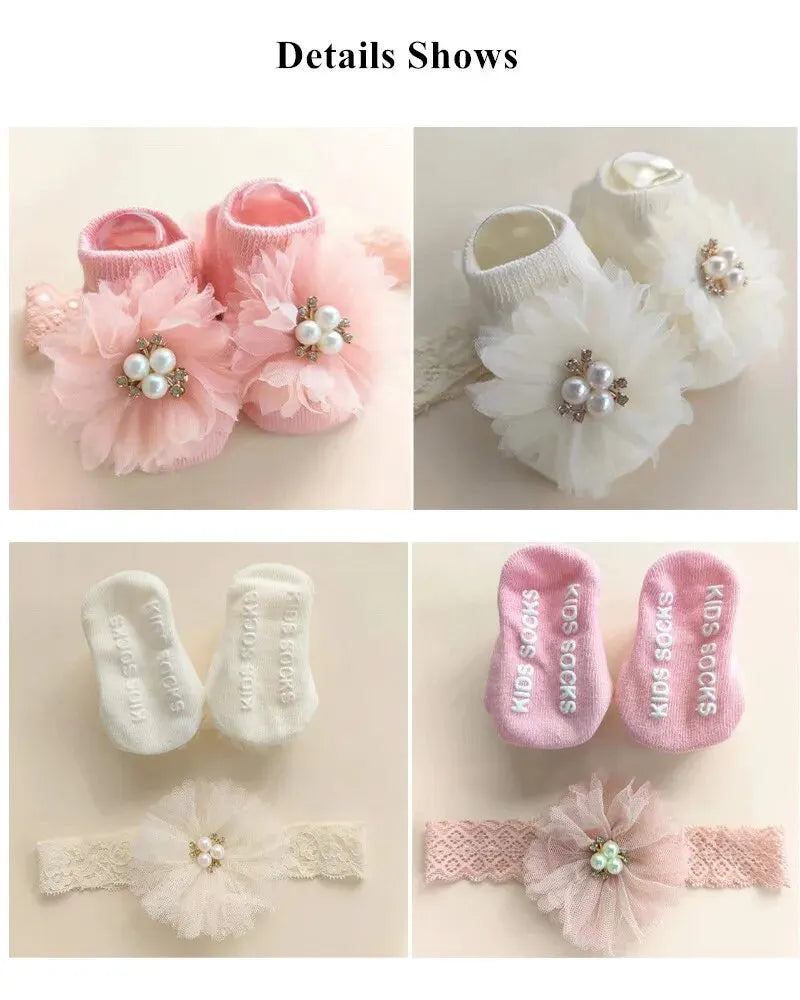 Cute Pearl Bows Baby Headband Socks Set Non Slip Cotton Sock Lace Flower Newborn Hair Band Turban Girl Hair Accessories