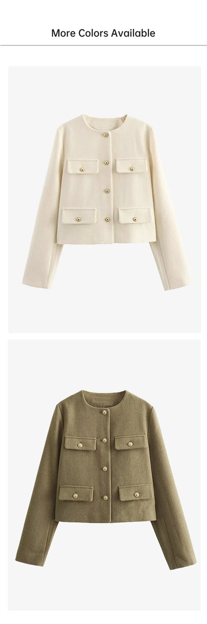 UNIZERA Winter New Product Women's Fashion and Casual Versatile Round Neck Flip Decoration Short Suit Coat