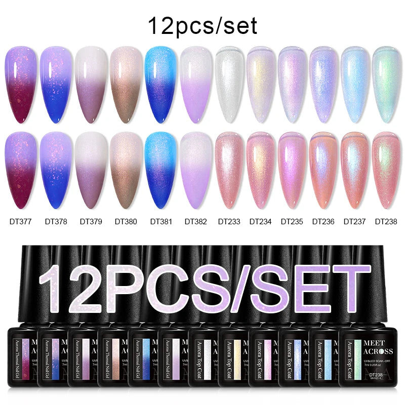 MEET ACROSS 12PCS/Set Pink Glitter Gel Nail Polish Macaron Blue Semi Permanent Nail Art Gel Varnish Spring Summer Manicure Kits