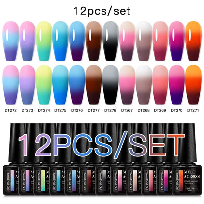 MEET ACROSS 12PCS/Set Pink Glitter Gel Nail Polish Macaron Blue Semi Permanent Nail Art Gel Varnish Spring Summer Manicure Kits