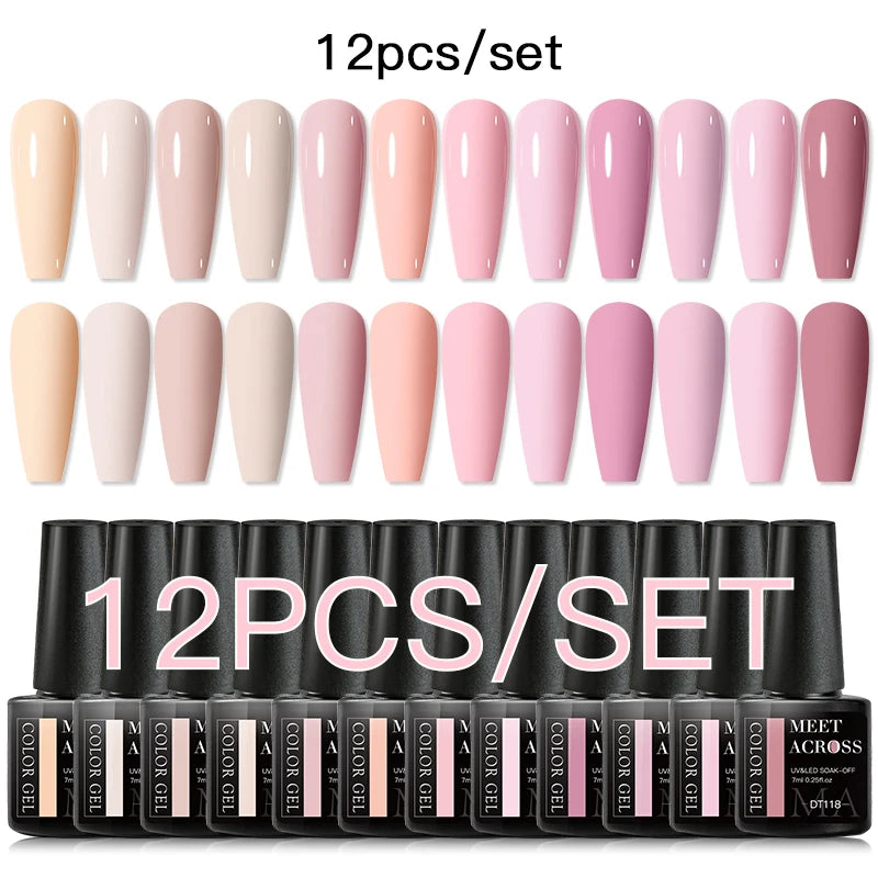 MEET ACROSS 12PCS/Set Pink Glitter Gel Nail Polish Macaron Blue Semi Permanent Nail Art Gel Varnish Spring Summer Manicure Kits