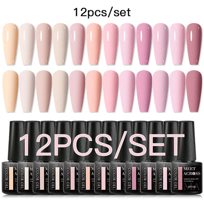 MEET ACROSS 12PCS/Set Pink Glitter Gel Nail Polish Macaron Blue Semi Permanent Nail Art Gel Varnish Spring Summer Manicure Kits