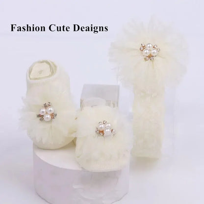 Cute Pearl Bows Baby Headband Socks Set Non Slip Cotton Sock Lace Flower Newborn Hair Band Turban Girl Hair Accessories