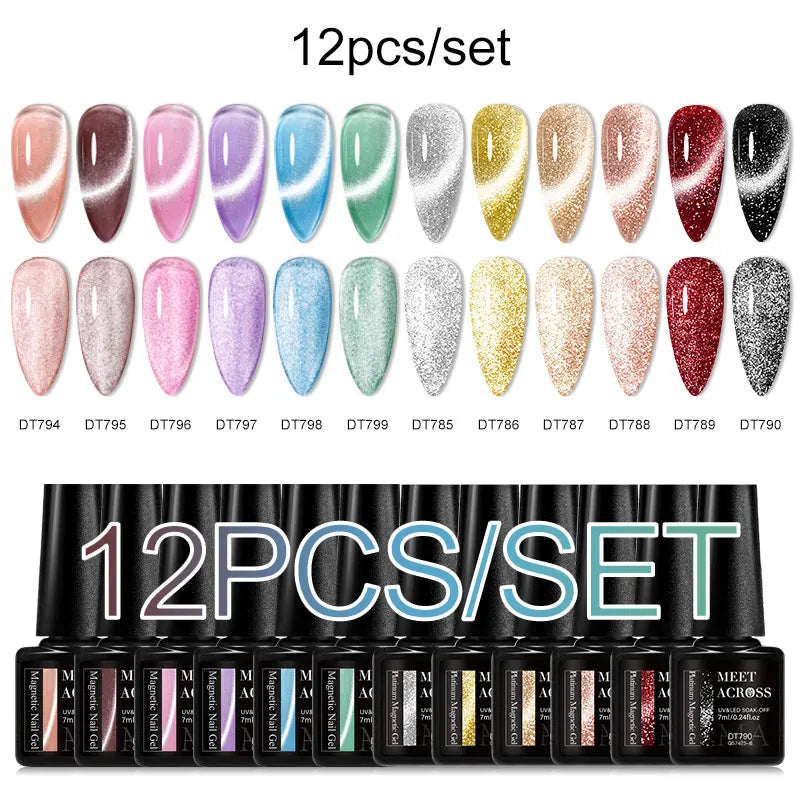 MEET ACROSS 12PCS/Set Pink Glitter Gel Nail Polish Macaron Blue Semi Permanent Nail Art Gel Varnish Spring Summer Manicure Kits