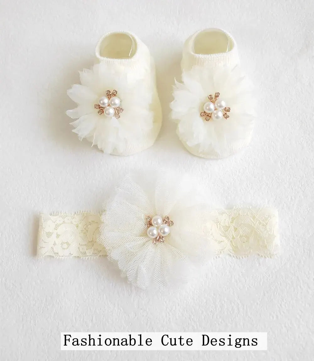Cute Pearl Bows Baby Headband Socks Set Non Slip Cotton Sock Lace Flower Newborn Hair Band Turban Girl Hair Accessories