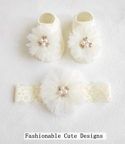 Cute Pearl Bows Baby Headband Socks Set Non Slip Cotton Sock Lace Flower Newborn Hair Band Turban Girl Hair Accessories