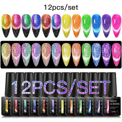 MEET ACROSS 12PCS/Set Pink Glitter Gel Nail Polish Macaron Blue Semi Permanent Nail Art Gel Varnish Spring Summer Manicure Kits