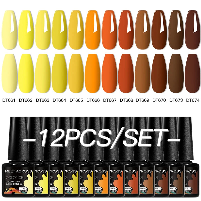 MEET ACROSS 12PCS/Set Pink Glitter Gel Nail Polish Macaron Blue Semi Permanent Nail Art Gel Varnish Spring Summer Manicure Kits