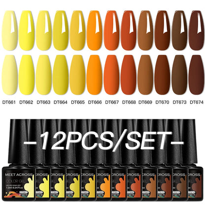 MEET ACROSS 12PCS/Set Pink Glitter Gel Nail Polish Macaron Blue Semi Permanent Nail Art Gel Varnish Spring Summer Manicure Kits