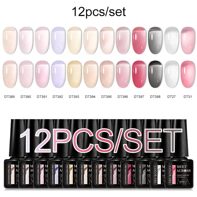 MEET ACROSS 12PCS/Set Pink Glitter Gel Nail Polish Macaron Blue Semi Permanent Nail Art Gel Varnish Spring Summer Manicure Kits